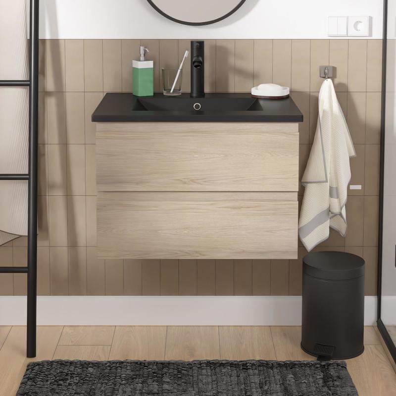 Ensemble meuble simple vasque décor chêne 60cm + vasque noire + robinet