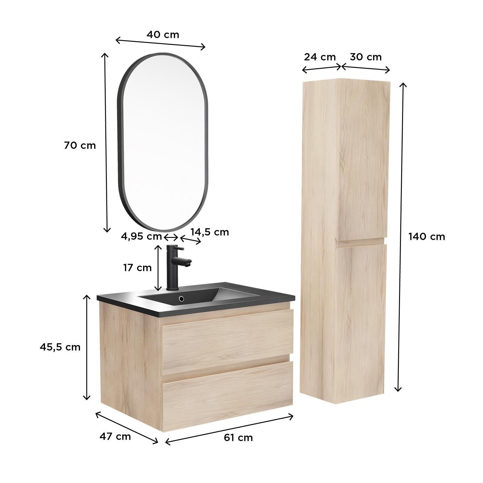 Ensemble meuble simple vasque décor chêne 60cm + vasque noire + robinet + miroir + colonne