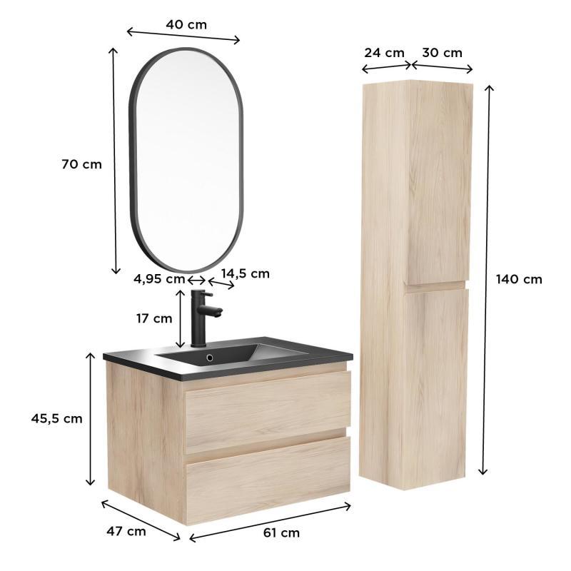 Ensemble meuble simple vasque décor chêne 60cm + vasque noire + robinet + miroir + colonne