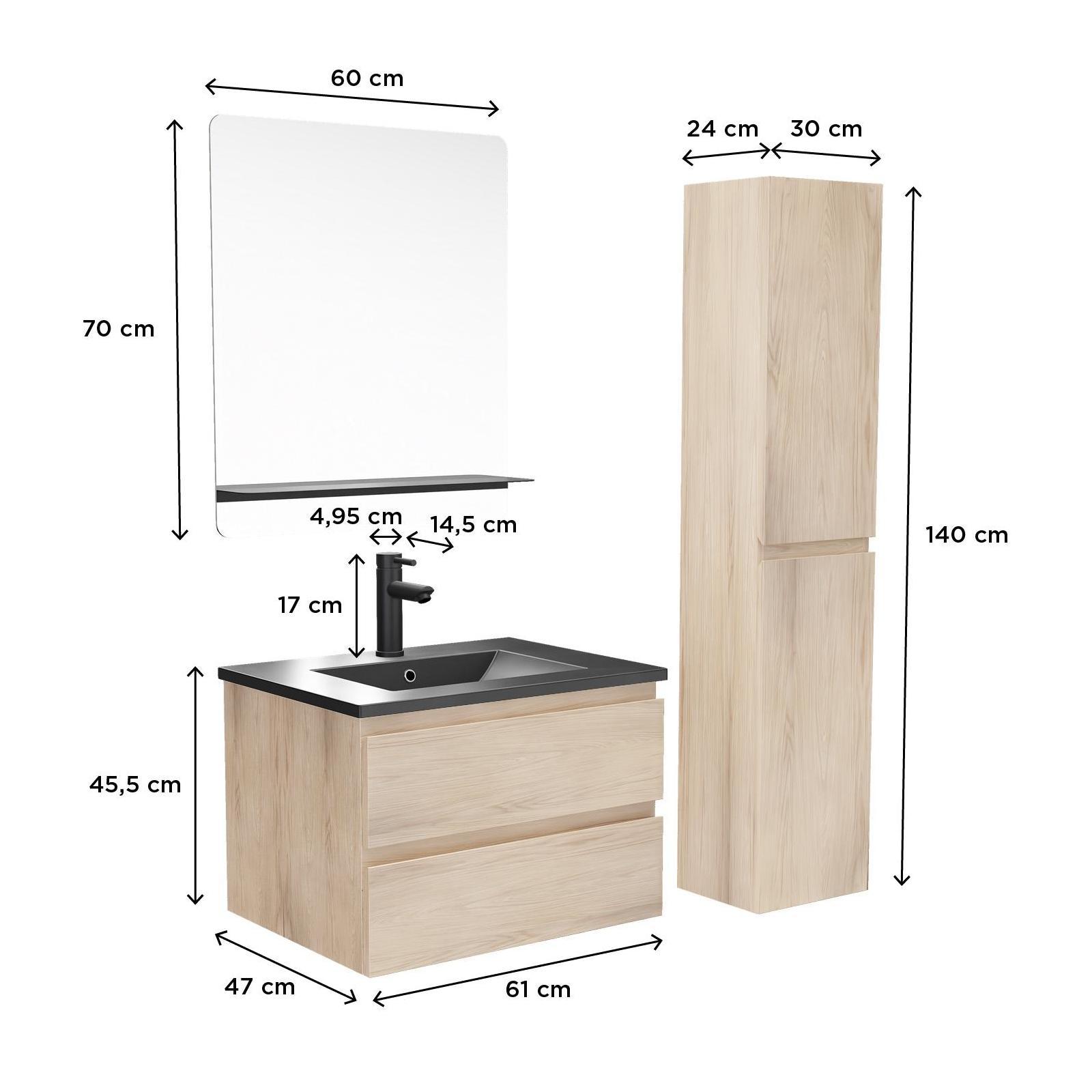 Ensemble meuble simple vasque 60cm décor chêne + vasque noire + robinet + miroir + colonne