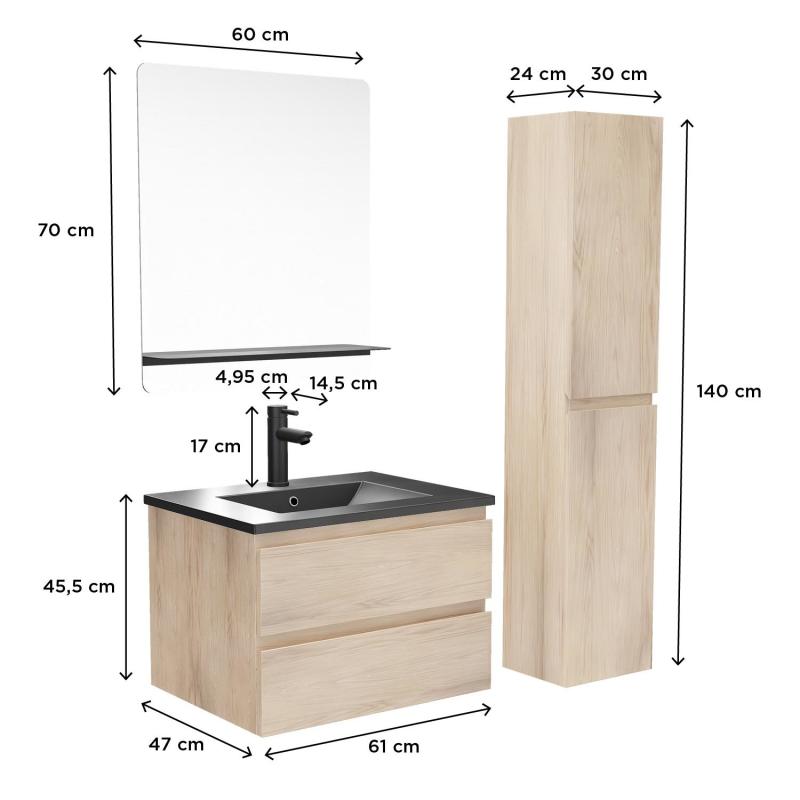 Ensemble meuble simple vasque 60cm décor chêne + vasque noire + robinet + miroir + colonne