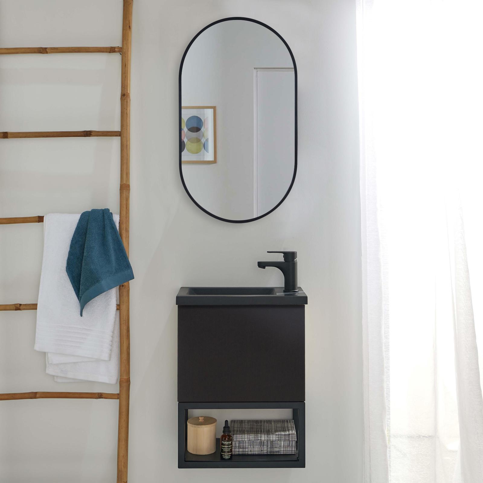 Ensemble meuble lave-mains Nova noir carbone + miroir