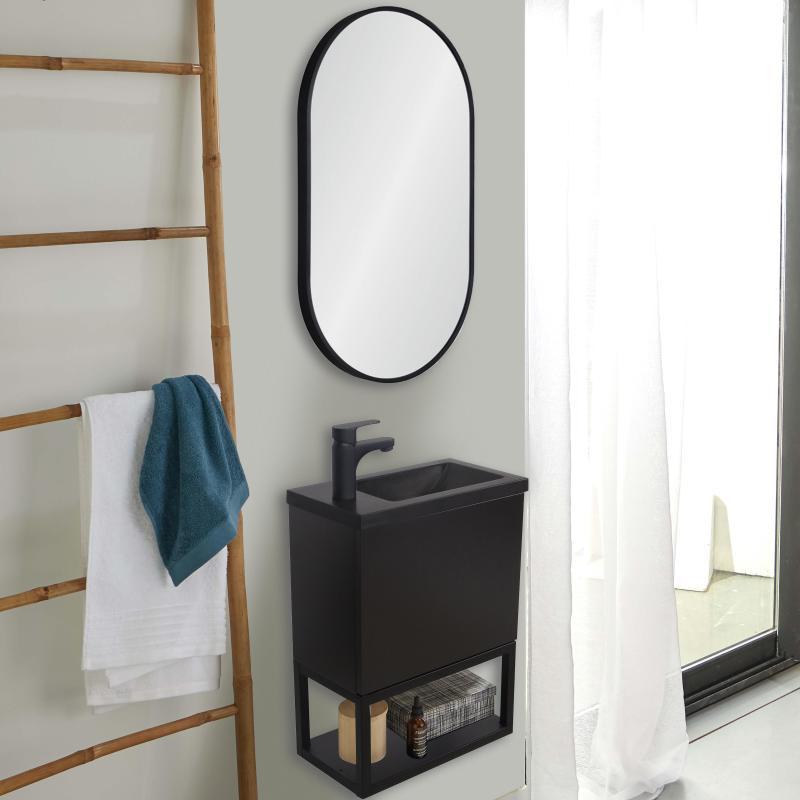 Ensemble meuble lave-mains NOVA noir carbone + miroir + robinet