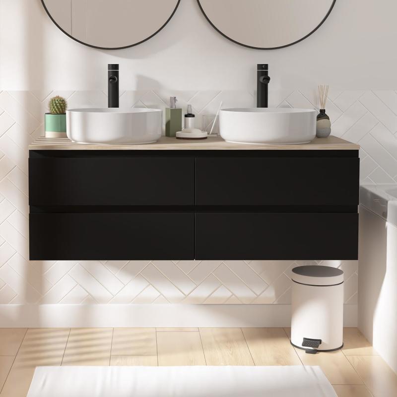 Ensemble meuble double vasque noir carbone 120 cm  + 2 vasques + 2 robinets