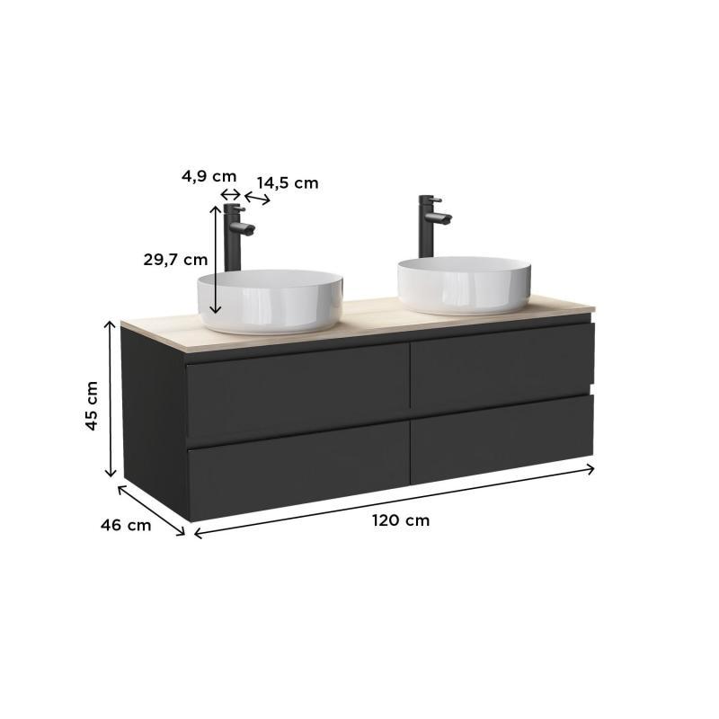 Ensemble meuble double vasque noir carbone 120 cm + 2 vasques + 2 robinets