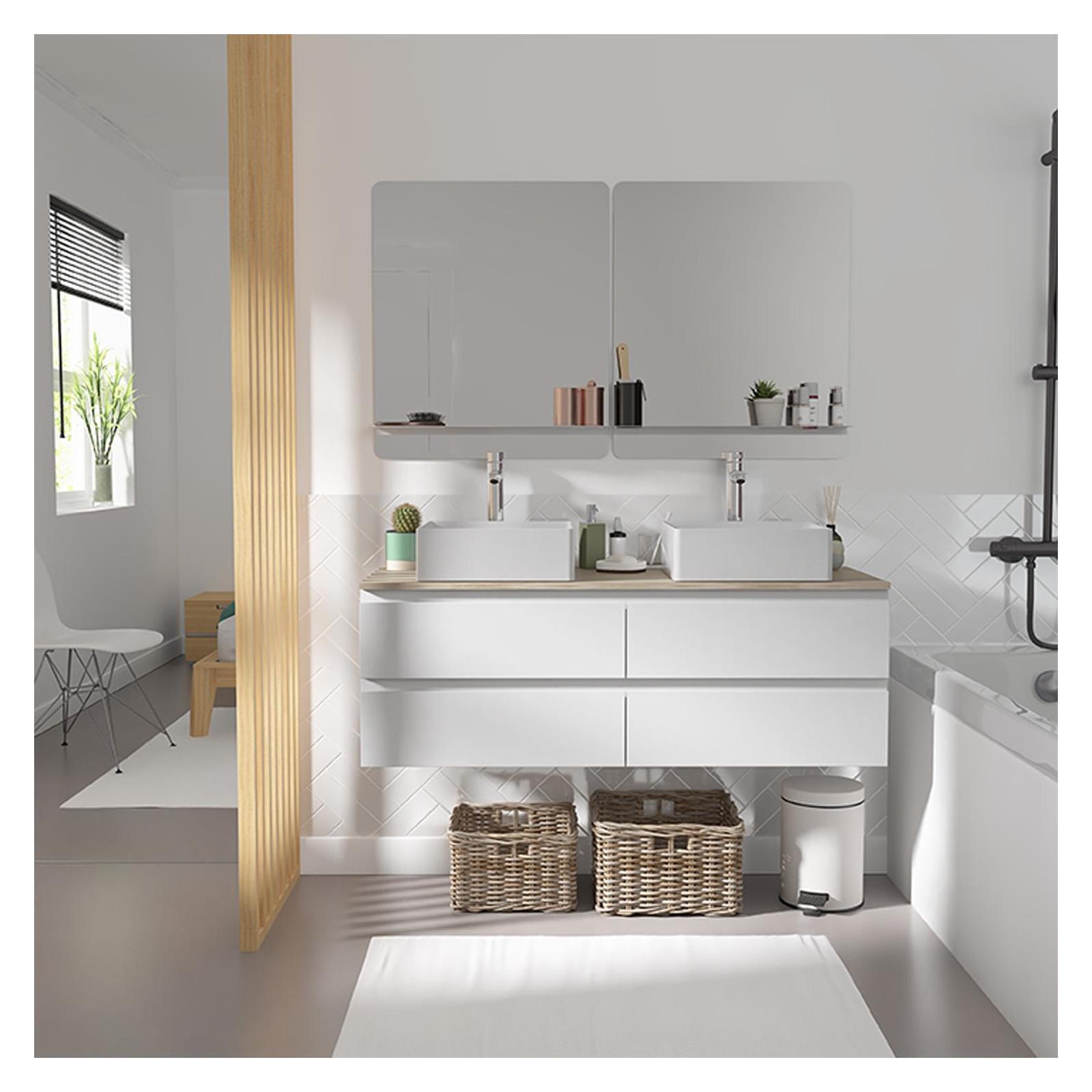Ensemble meuble double vasque blanc 120 cm + 2 vasques + 2 miroirs + 2 robinets