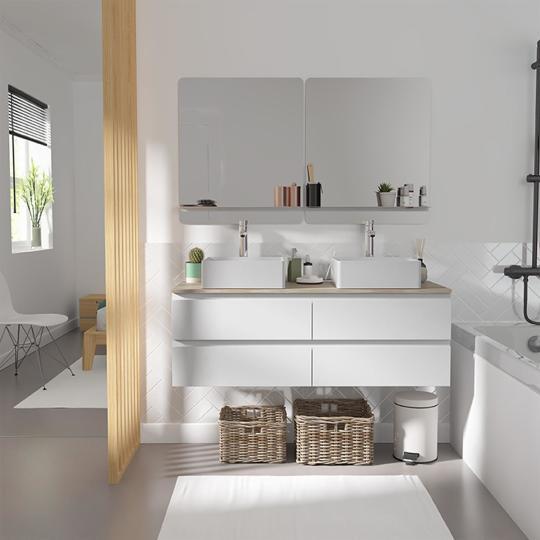 Ensemble meuble double vasque blanc 120 cm + 2 vasques + 2 miroirs + 2 robinets