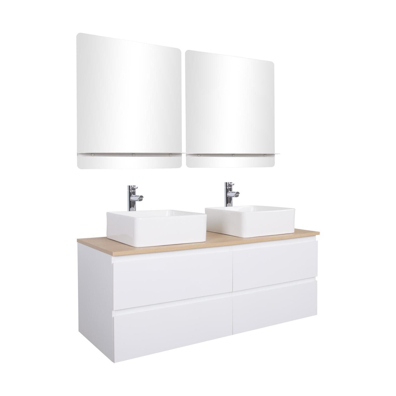 Ensemble meuble double vasque blanc 120 cm + 2 vasques + 2 miroirs + 2 robinets