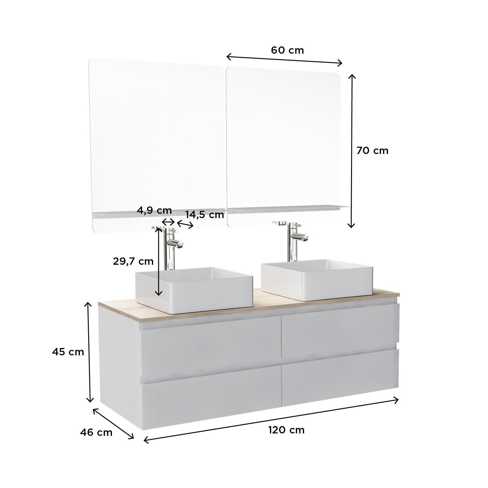 Ensemble meuble double vasque blanc 120 cm + 2 vasques + 2 miroirs + 2 robinets