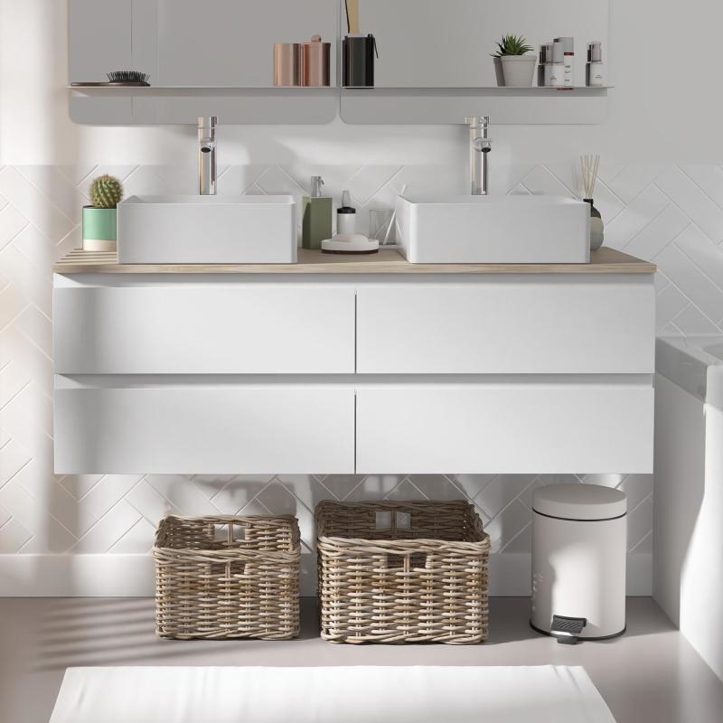 Ensemble meuble double vasque blanc 120 cm + 2 vasques + 2 robinets