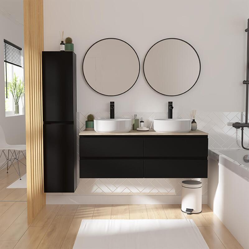 Ensemble meuble double vasque noir carbone 120 cm + 2 vasques + 2 robinets + 2 miroirs + colonne