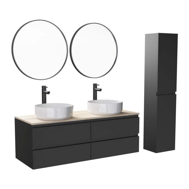 Ensemble meuble double vasque noir carbone 120 cm + 2 vasques + 2 robinets + 2 miroirs + colonne
