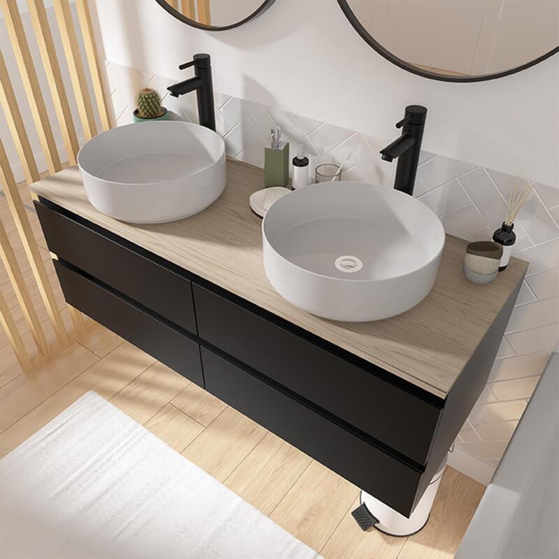 Ensemble meuble double vasque noir carbone 120 cm + 2 vasques + 2 robinets + 2 miroirs + colonne