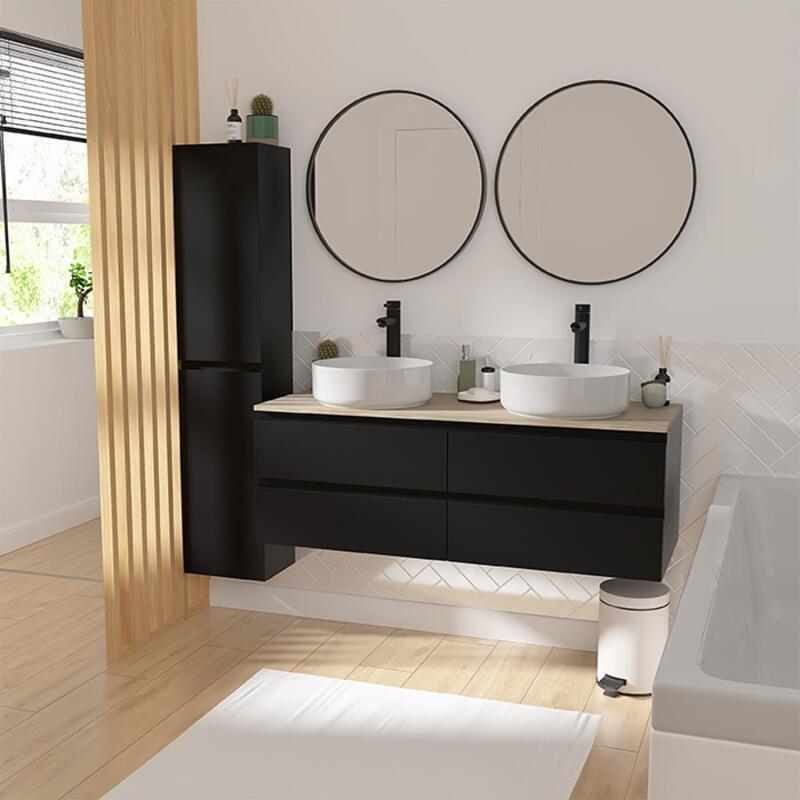 Ensemble meuble double vasque noir carbone 120 cm + 2 vasques + 2 robinets + 2 miroirs + colonne