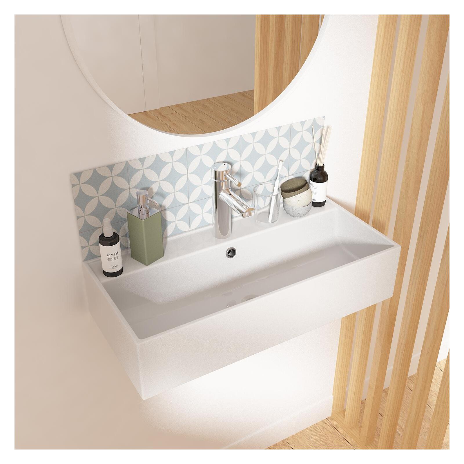 Vasque rectangulaire à poser ou à suspendre en céramique blanche 65 x 31 cm - ZOE - Vue de 3/4