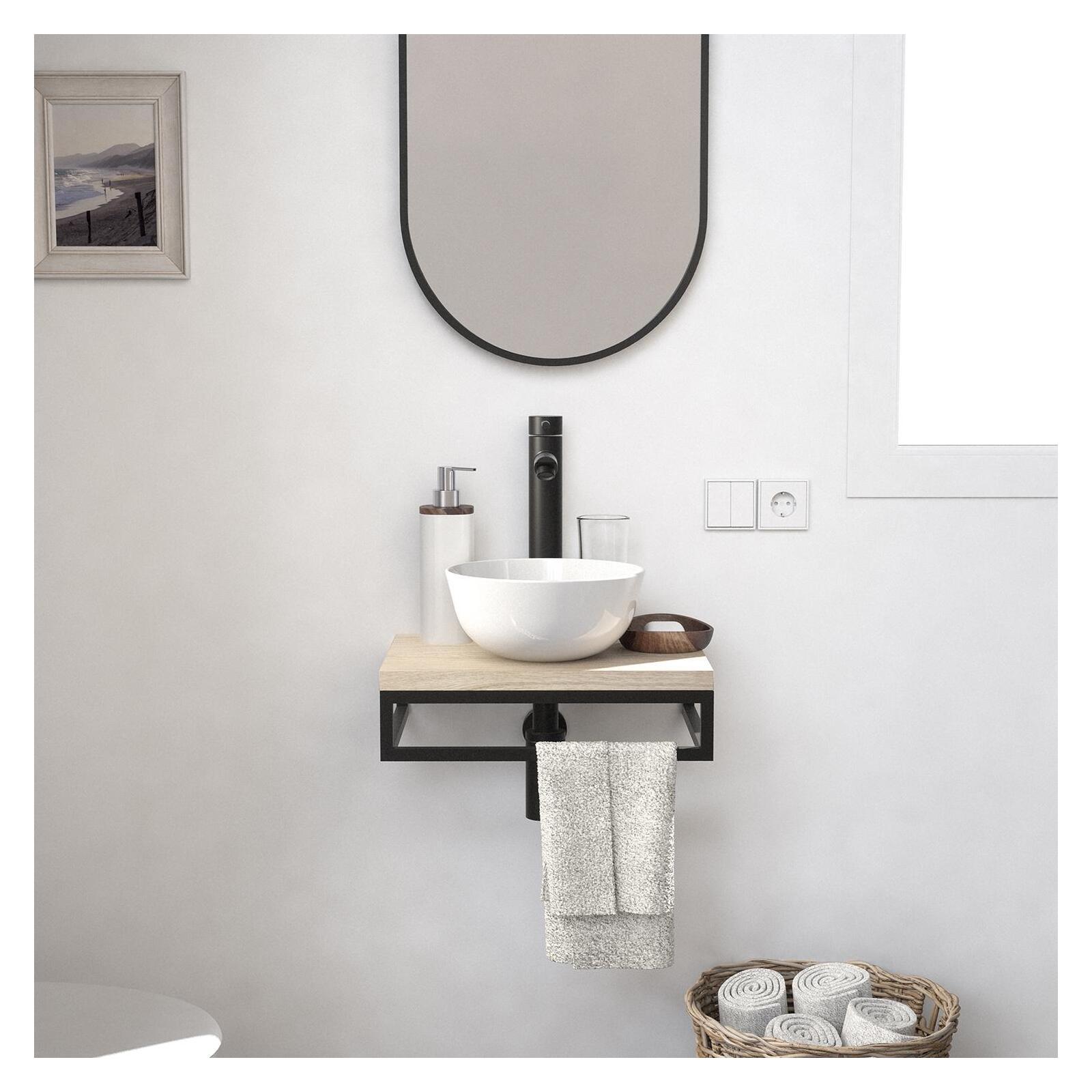 Meuble lave-mains plan fin porte-serviettes dessous + vasque blanche + miroir