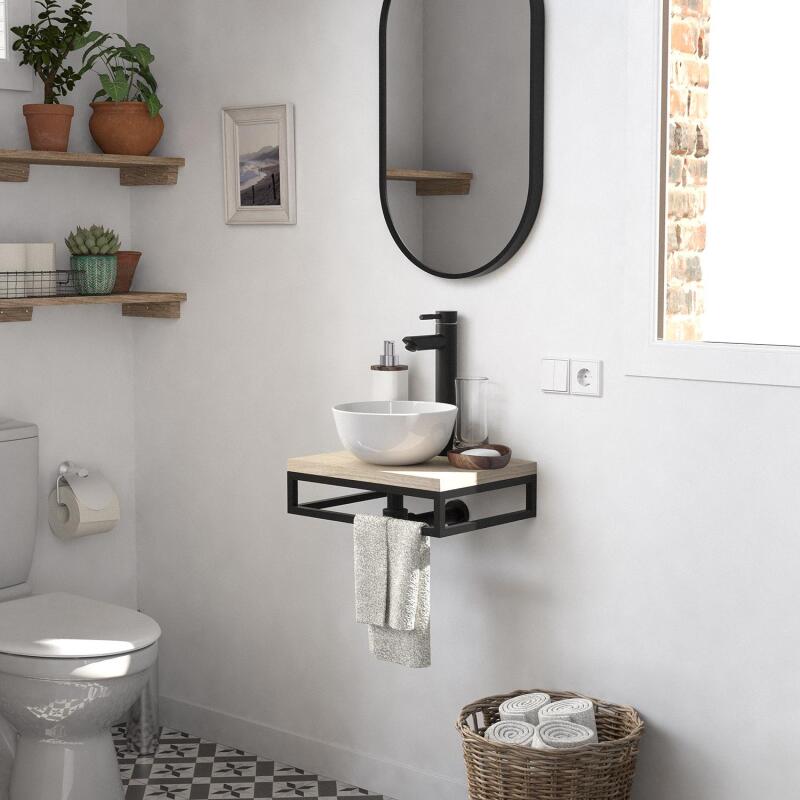 Meuble lave-mains plan fin porte-serviettes dessous + vasque blanche + miroir