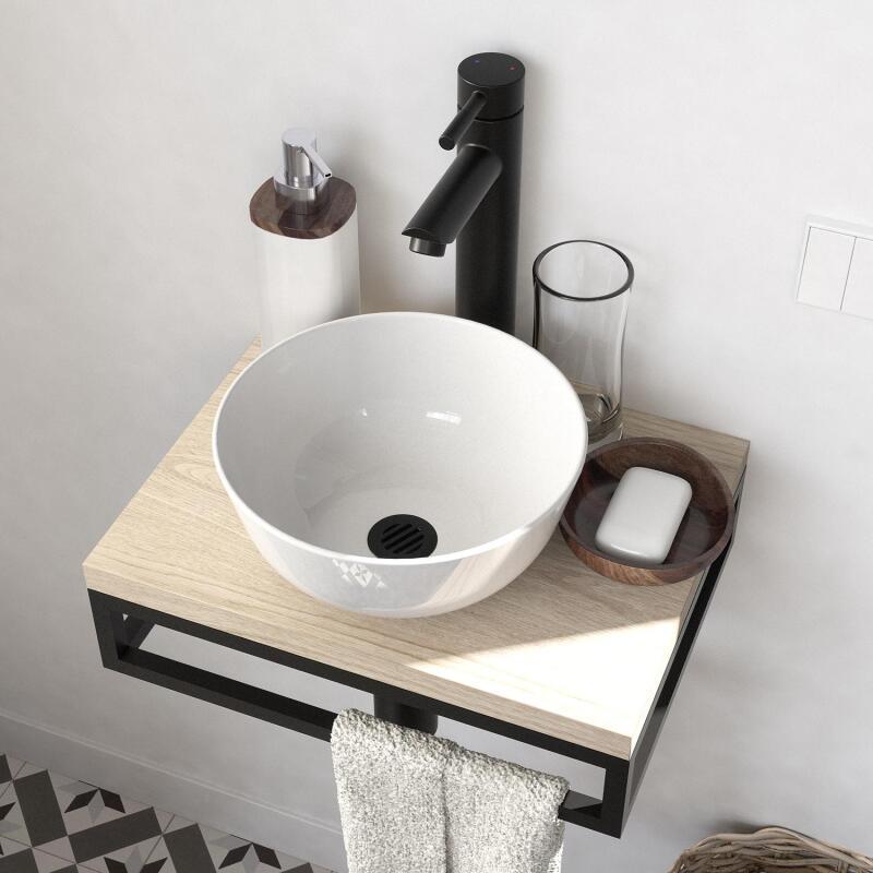 Meuble lave-mains plan fin porte-serviettes dessous + vasque blanche + miroir