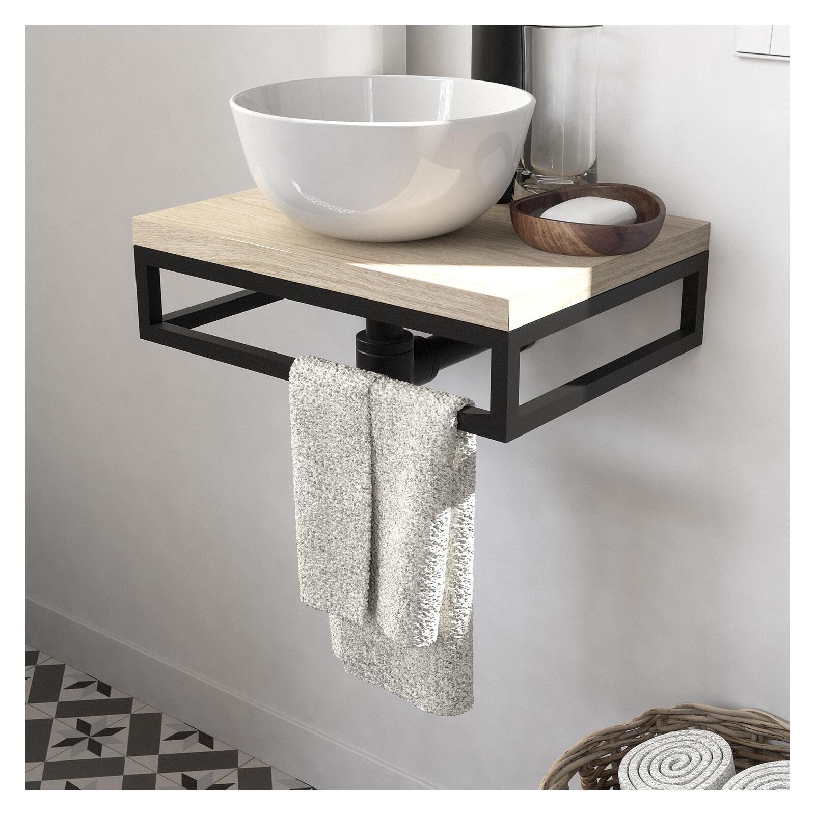 Meuble lave-mains plan fin porte-serviettes dessous + vasque blanche + miroir