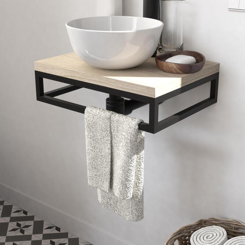Meuble lave-mains plan fin porte-serviettes dessous + vasque blanche + miroir