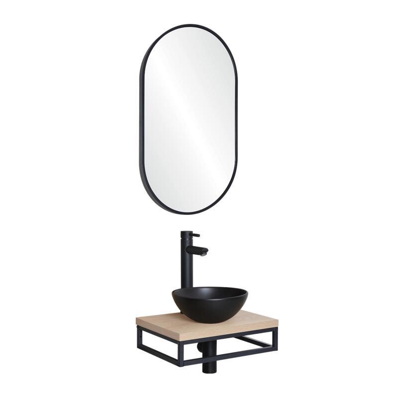Meuble lave-mains plan fin porte-serviettes dessous + vasque noire + miroir