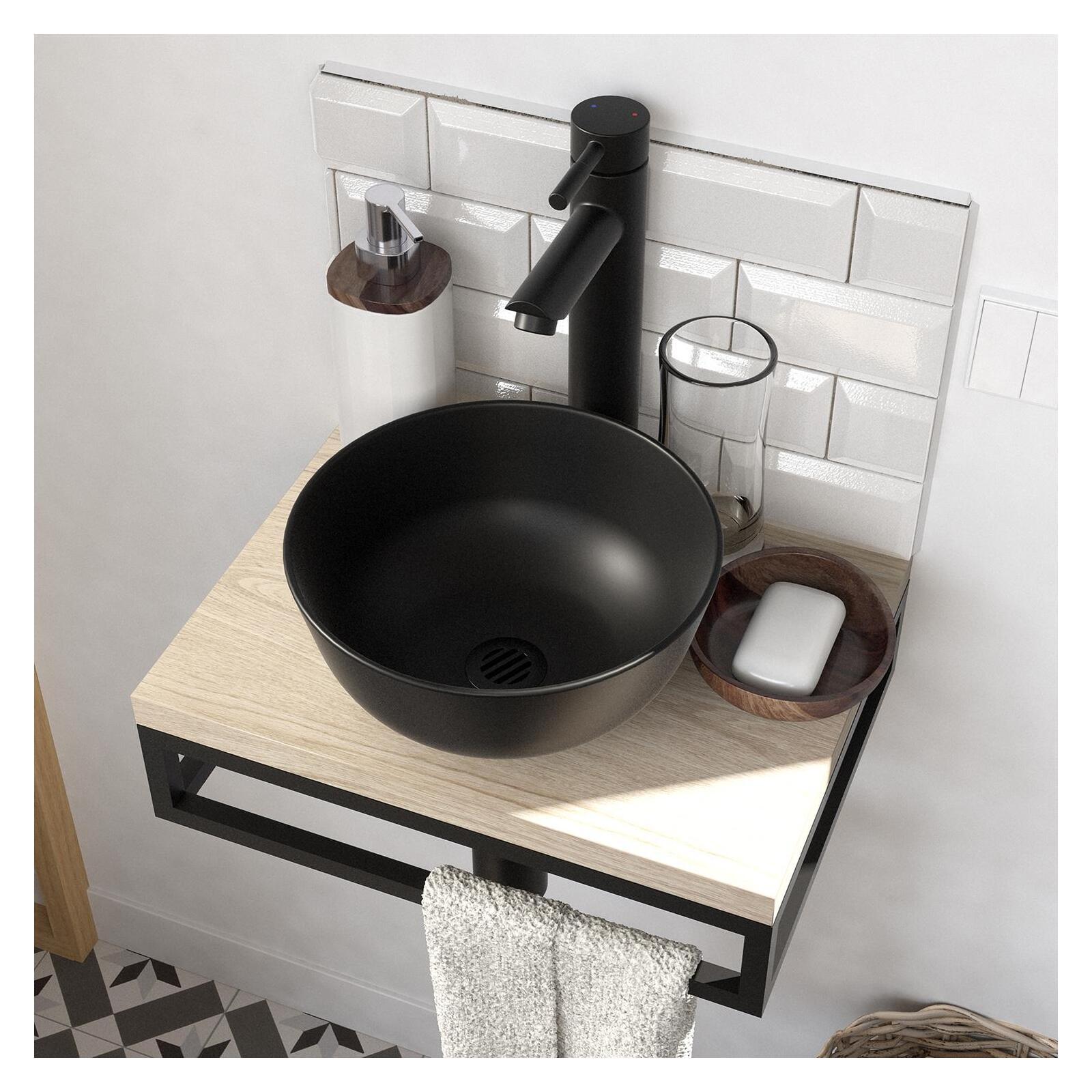 Meuble lave-mains plan fin porte-serviettes dessous + vasque noire + miroir