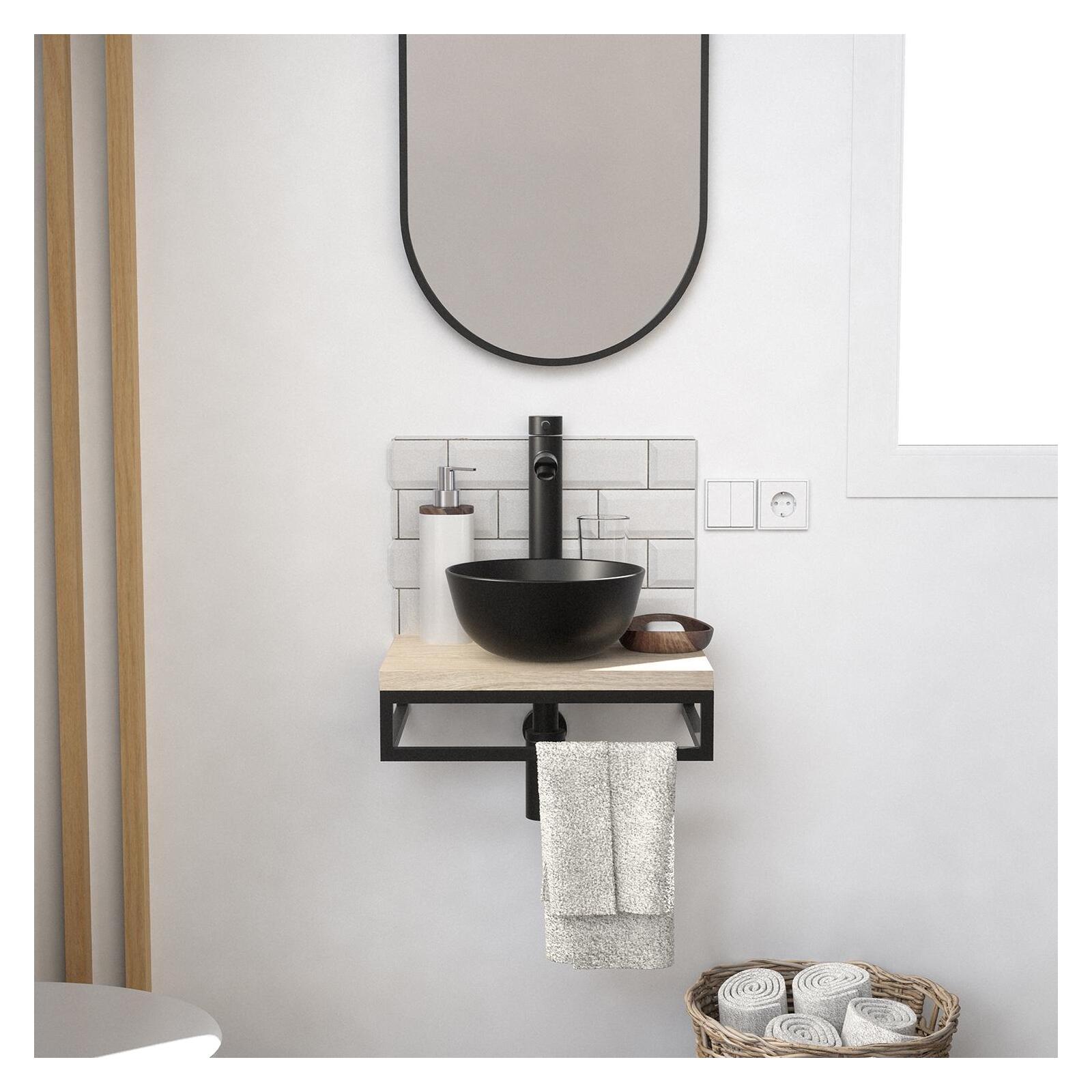 Meuble lave-mains plan fin porte-serviettes dessous + vasque noire + robinet + miroir