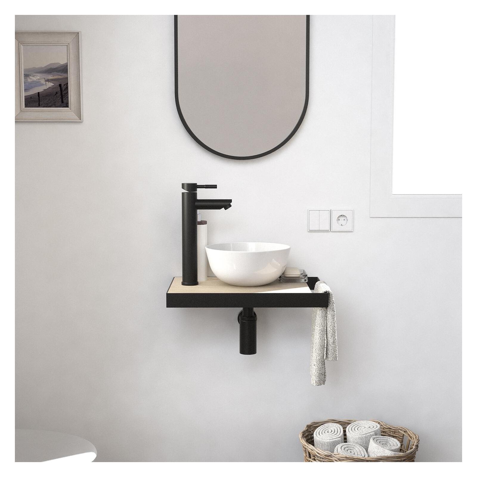 Meuble lave-mains plan fin porte-serviettes côté + vasque blanche + robinet + miroir