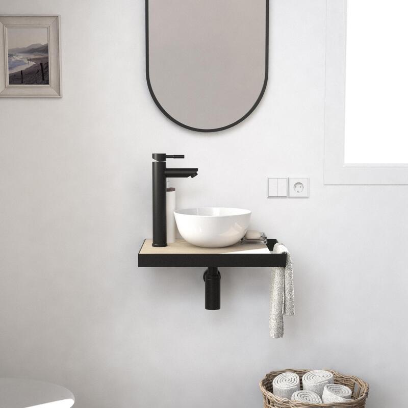 Meuble lave-mains plan fin porte-serviettes côté + vasque blanche + robinet + miroir