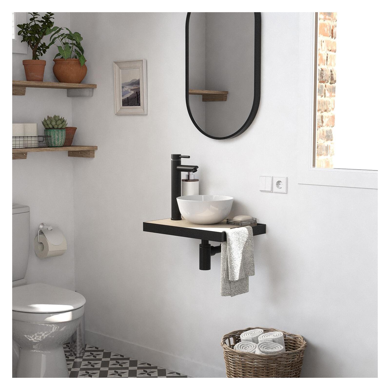 Meuble lave-mains plan fin porte-serviettes côté + vasque blanche + robinet + miroir