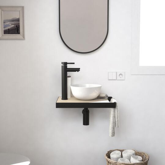 Meuble lave-mains plan fin porte-serviettes côté + vasque blanche + miroir