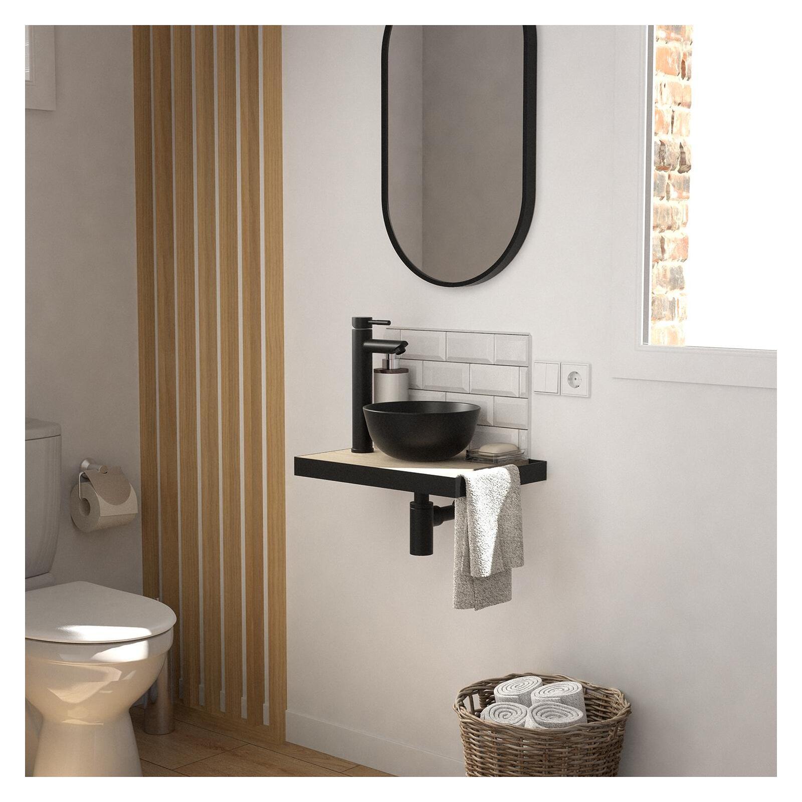 Meuble lave-mains plan fin porte-serviettes côté + vasque noire + miroir
