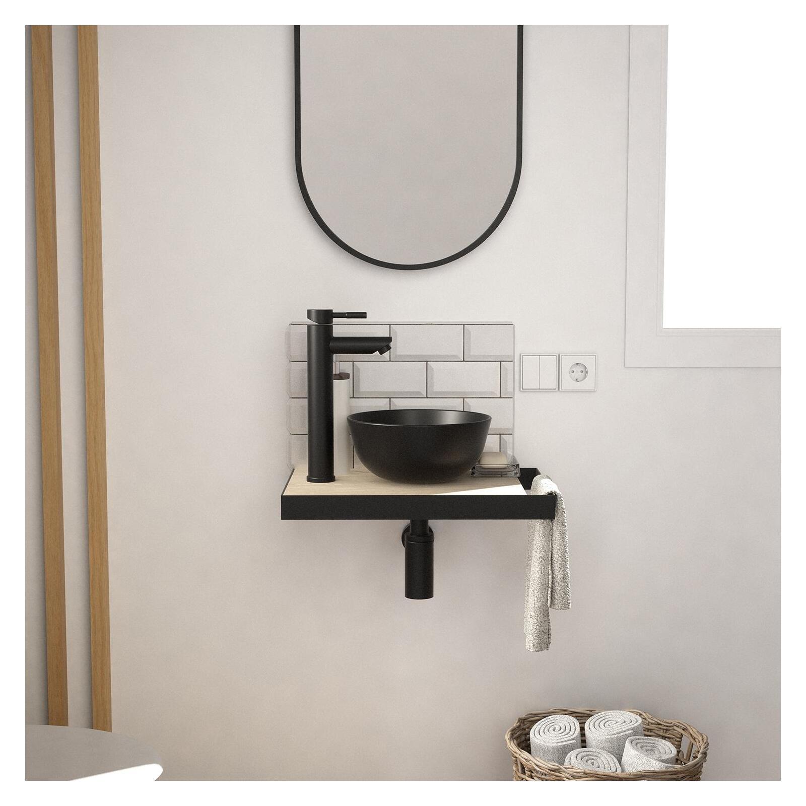Meuble lave-mains plan fin porte-serviettes côté + vasque noire + robinet + miroir