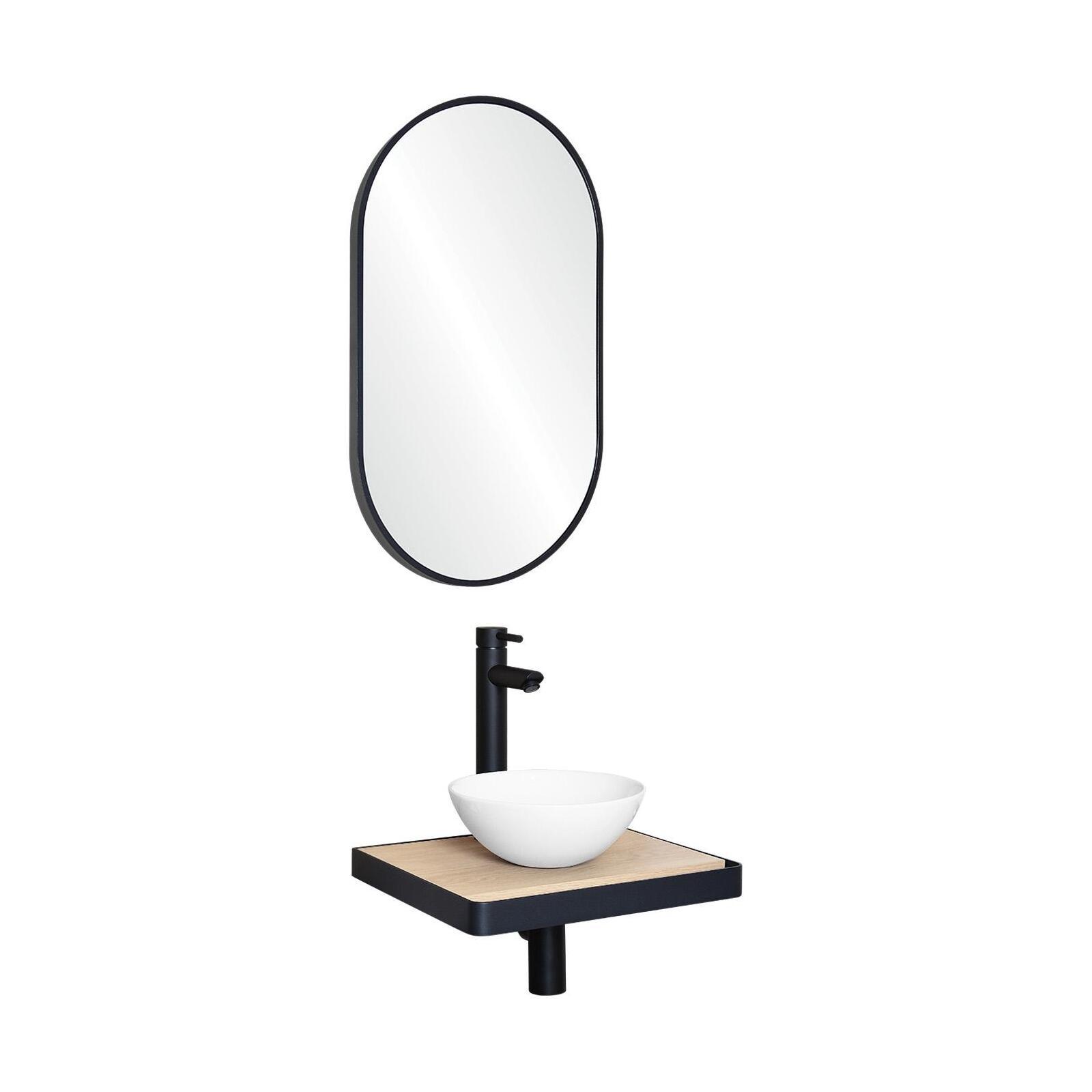 Meuble lave-mains plan fin porte-serviettes face + vasque blanche + miroir