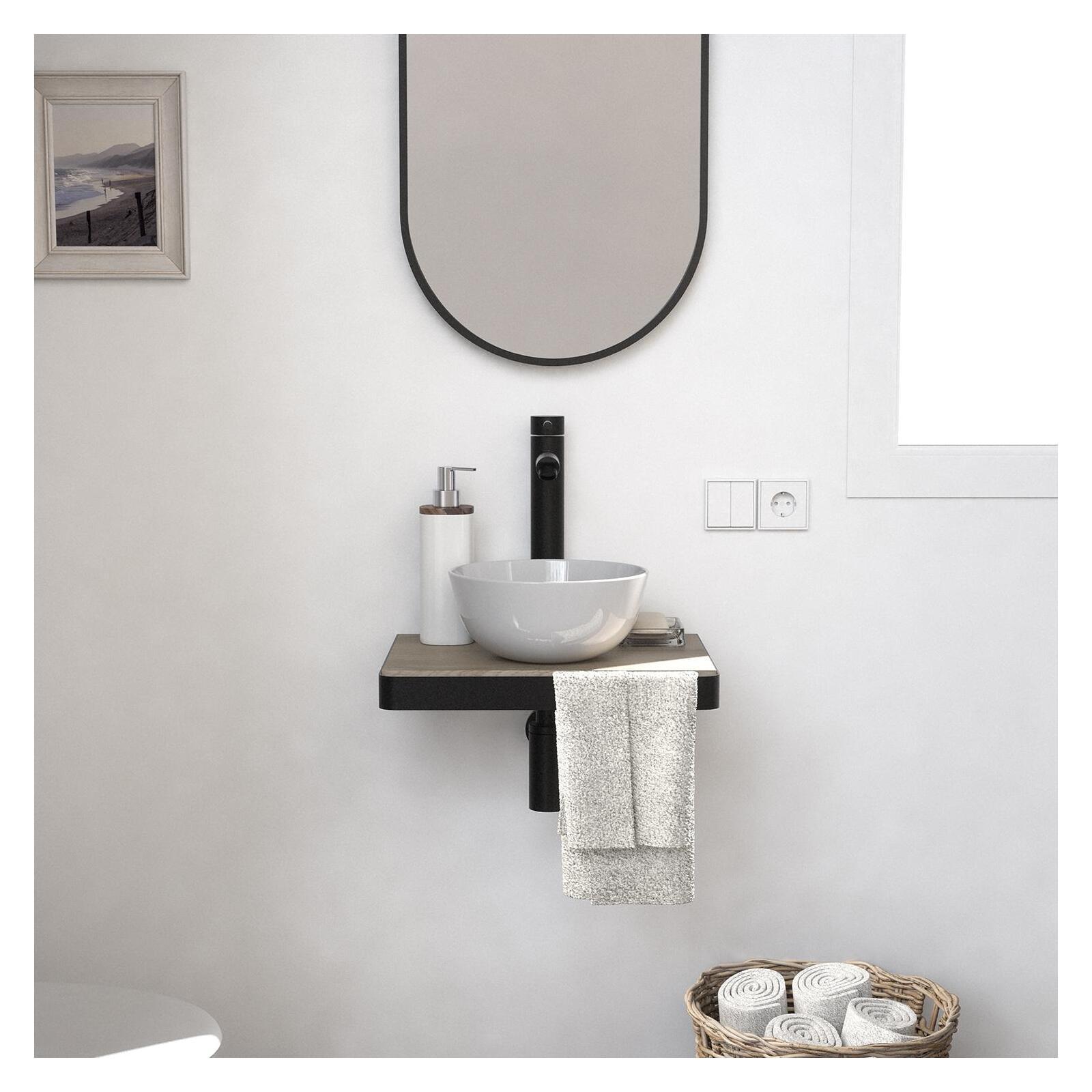 Meuble lave-mains plan fin porte-serviettes face + vasque blanche + robinet + miroir