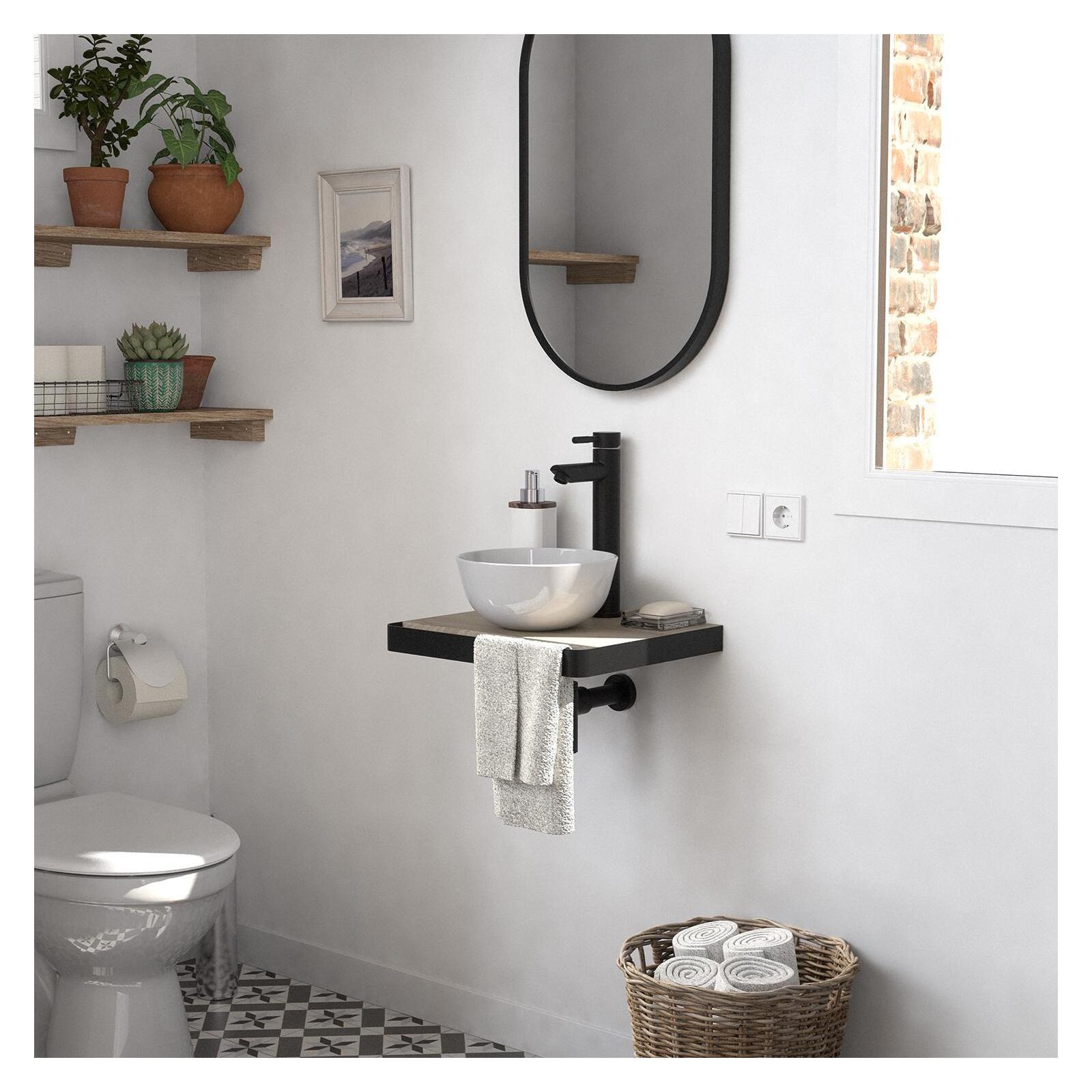 Meuble lave-mains plan fin porte-serviettes face + vasque blanche + robinet + miroir
