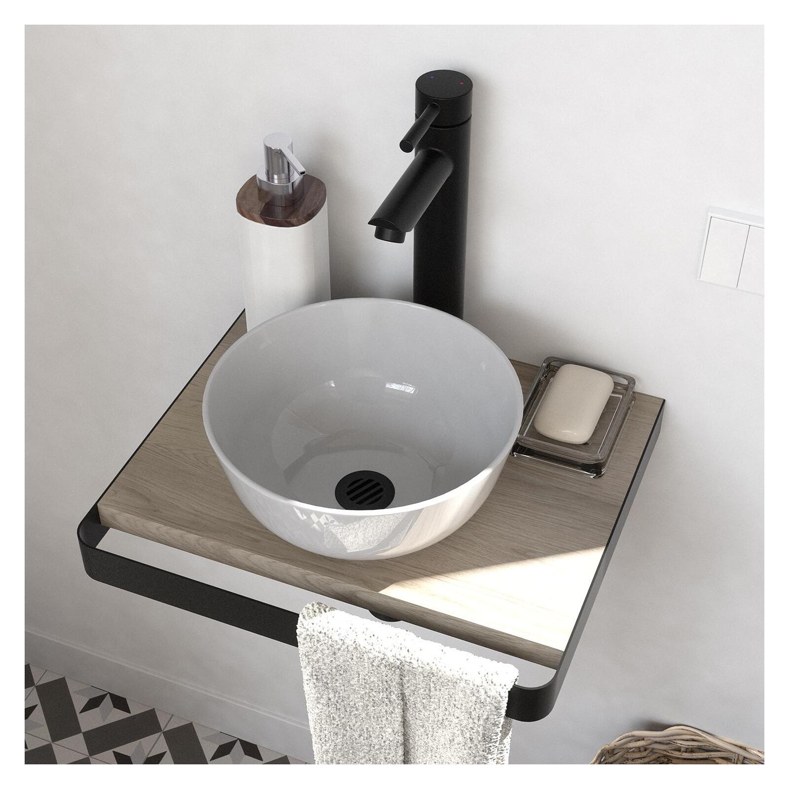 Meuble lave-mains plan fin porte-serviettes face + vasque blanche + robinet + miroir