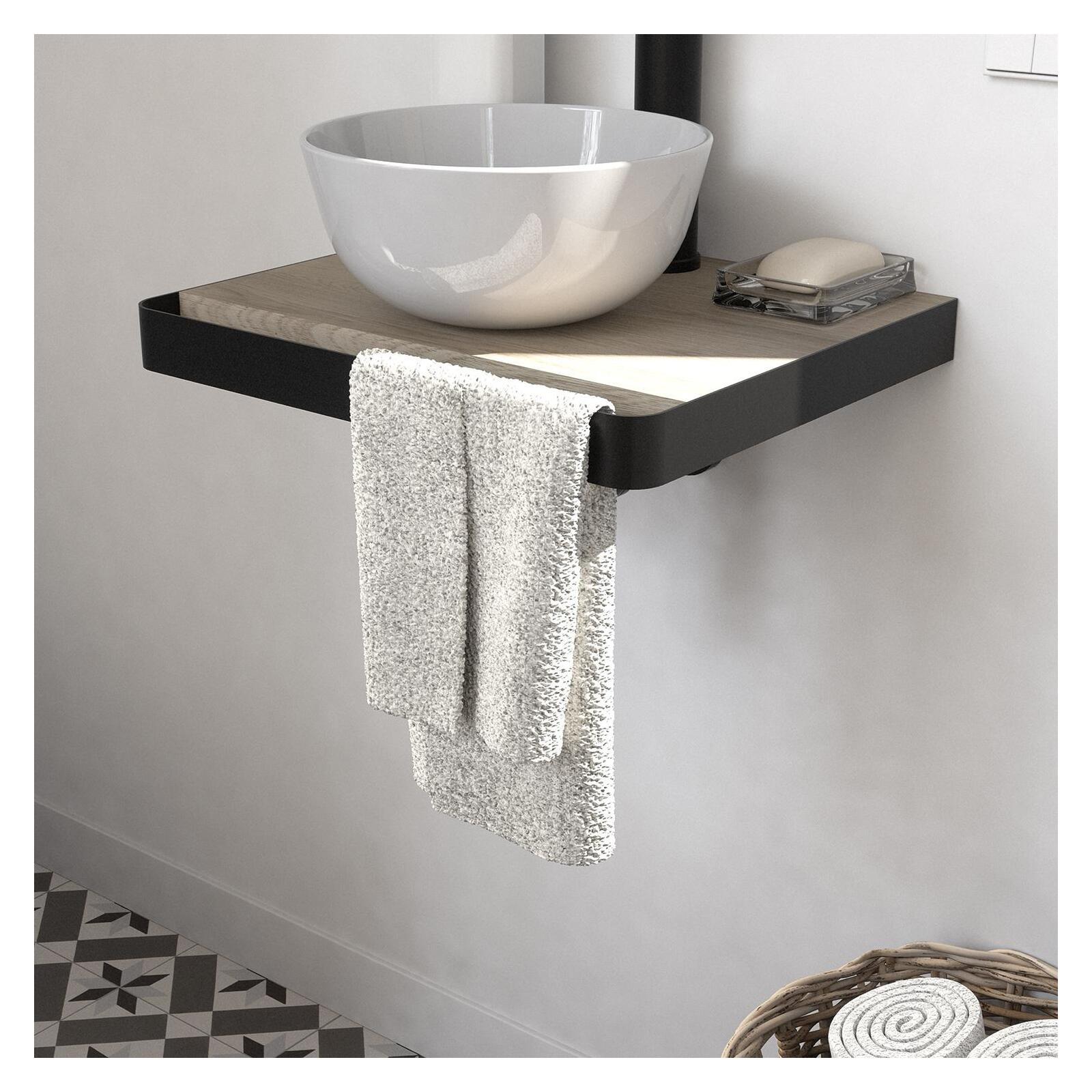 Meuble lave-mains plan fin porte-serviettes face + vasque blanche + robinet + miroir
