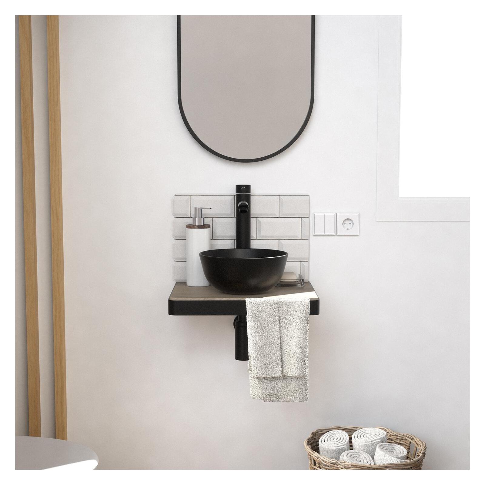 Meuble lave-mains plan fin porte-serviettes face + vasque noire + miroir