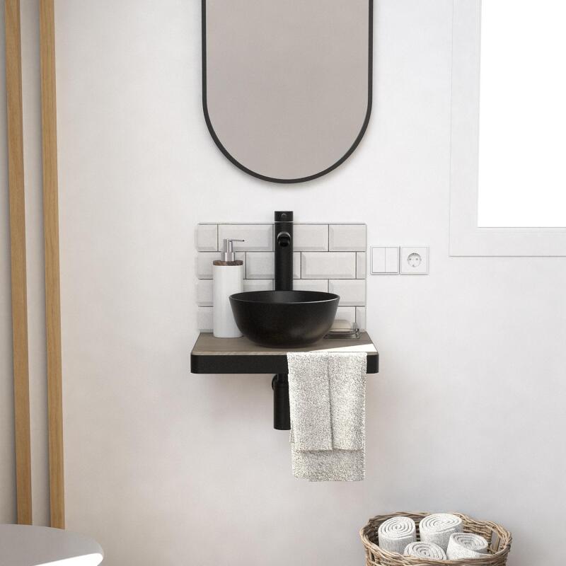 Meuble lave-mains plan fin porte-serviettes face + vasque noire + miroir