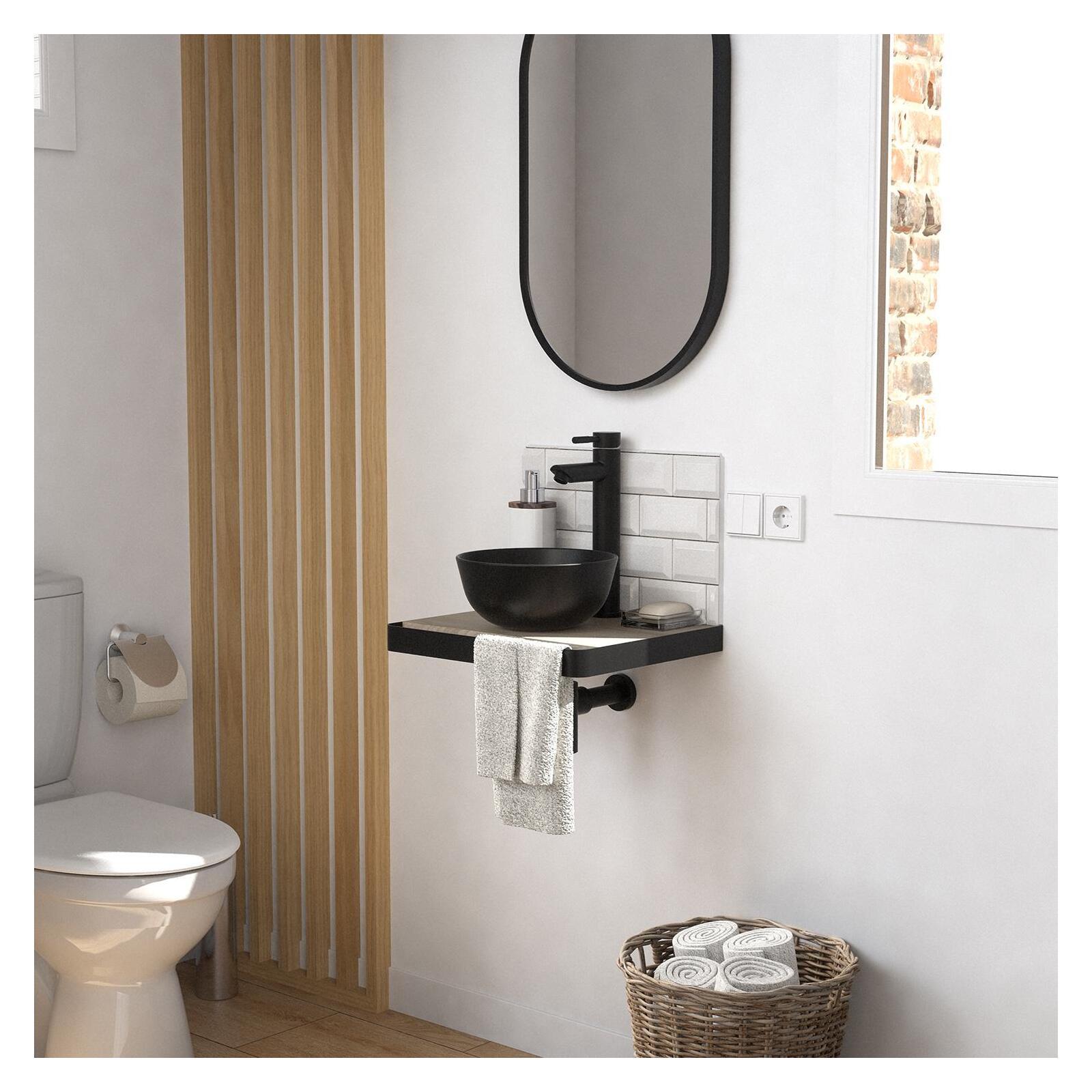 Meuble lave-mains plan fin porte-serviettes face + vasque noire + miroir