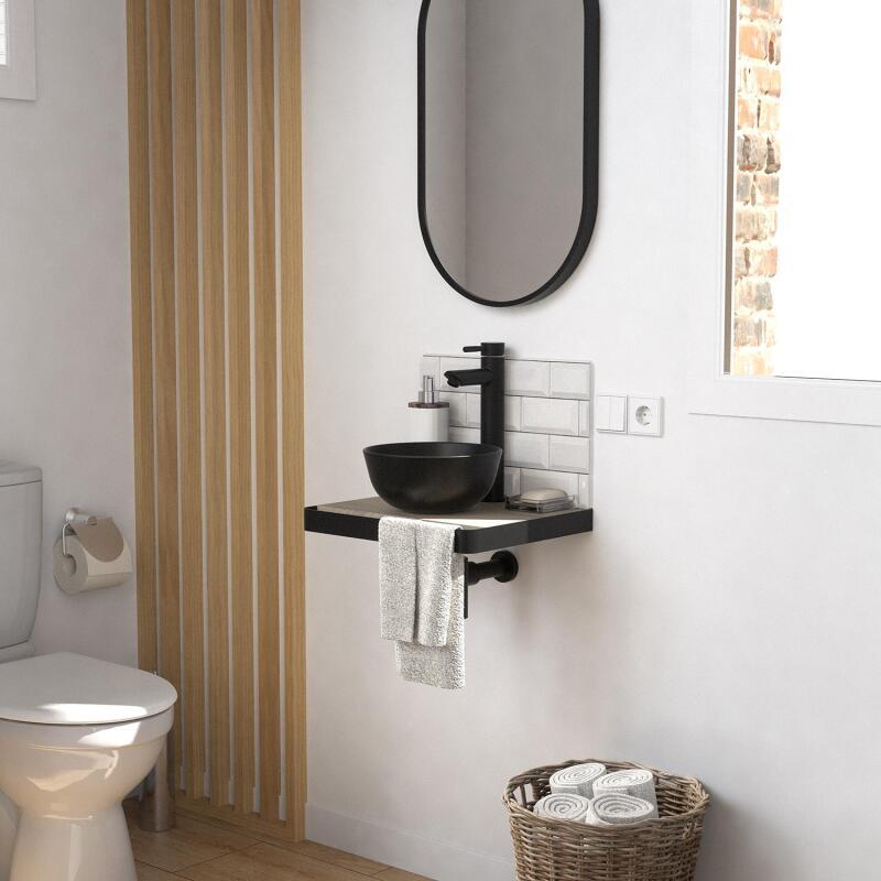 Meuble lave-mains plan fin porte-serviettes face + vasque noire + miroir