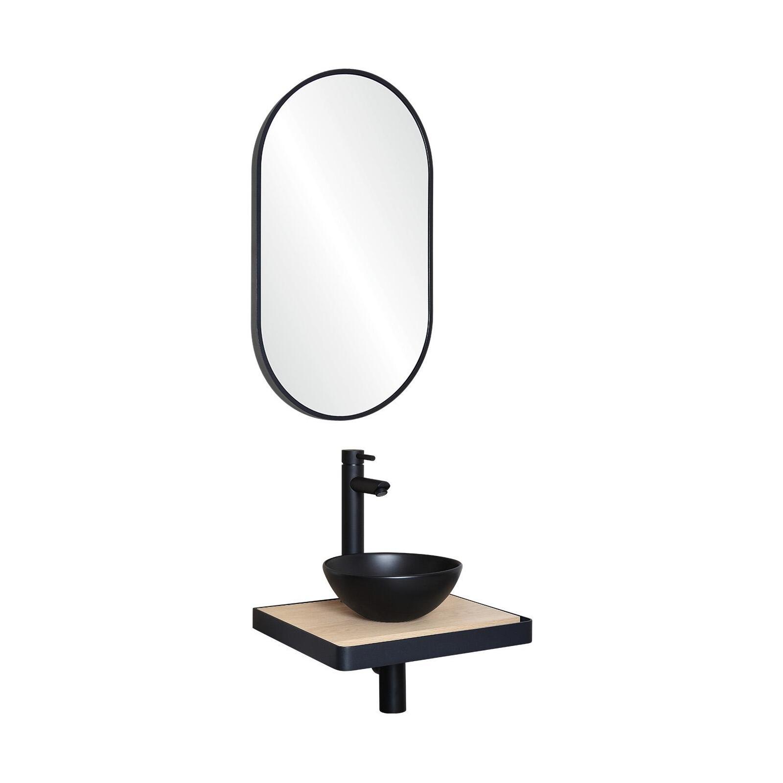 Meuble lave-mains plan fin porte-serviettes face + vasque noire + robinet + miroir