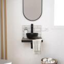 Meuble lave-mains plan fin porte-serviettes face + vasque noire + robinet + miroir
