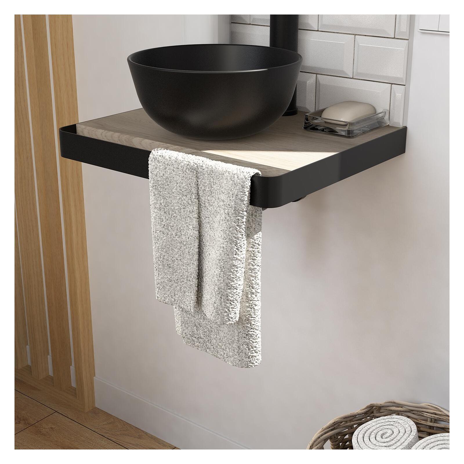 Meuble lave-mains plan fin porte-serviettes face + vasque noire + robinet + miroir