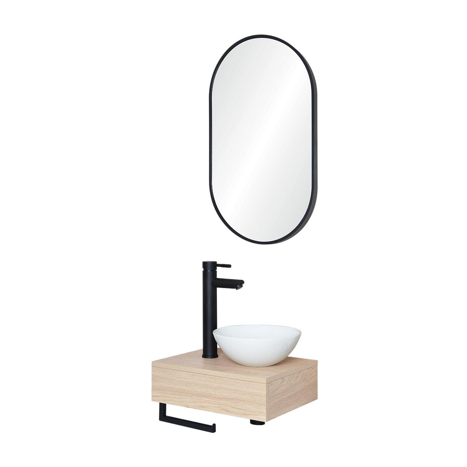 Meuble lave-mains plan épais porte-serviettes dessous + vasque blanche + miroir