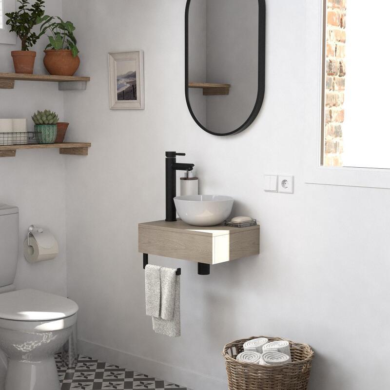 Meuble lave-mains plan épais porte-serviettes dessous + vasque blanche + robinet + miroir