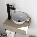 Meuble lave-mains plan épais porte-serviettes dessous + vasque blanche + robinet + miroir
