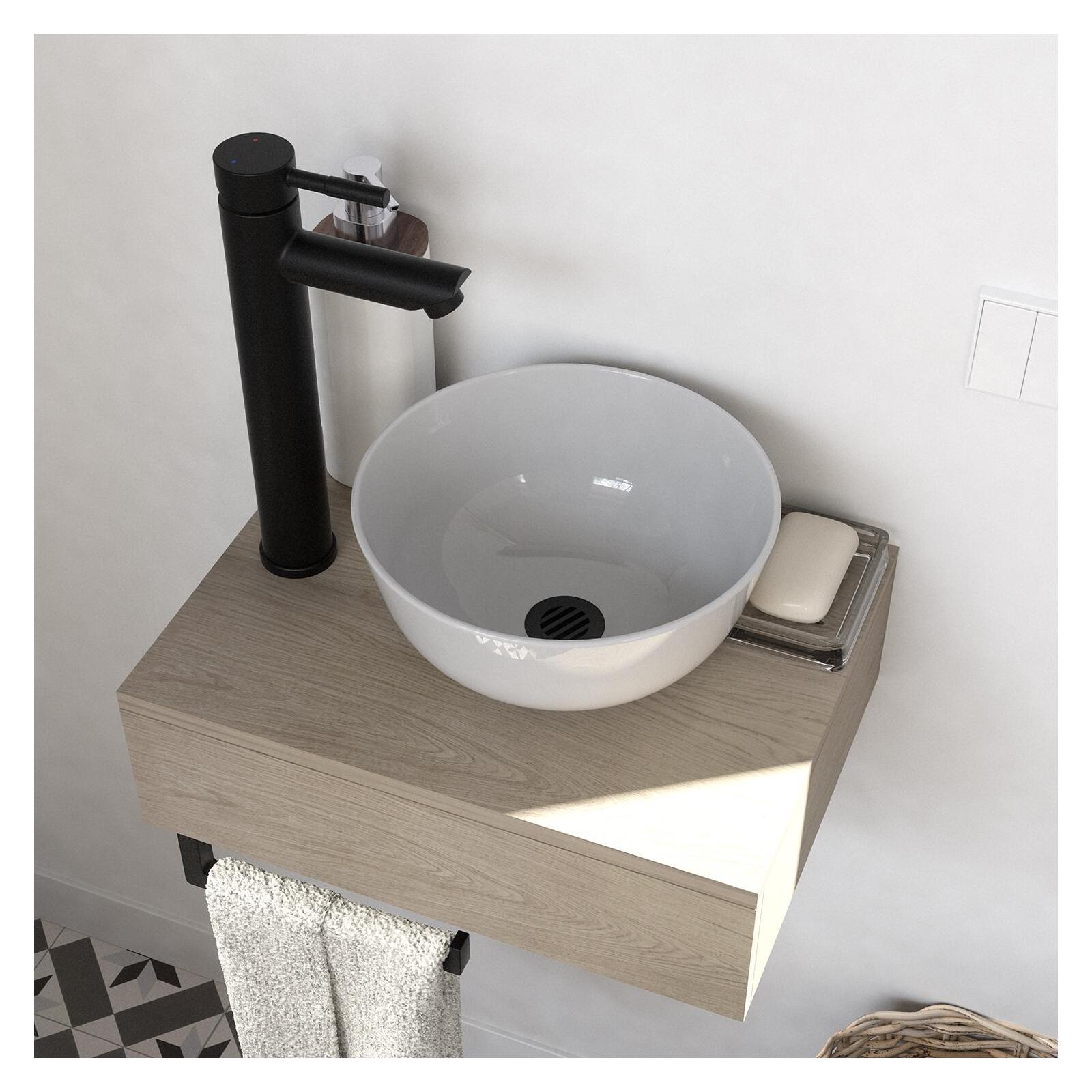 Meuble lave-mains plan épais porte-serviettes dessous + vasque blanche + robinet + miroir