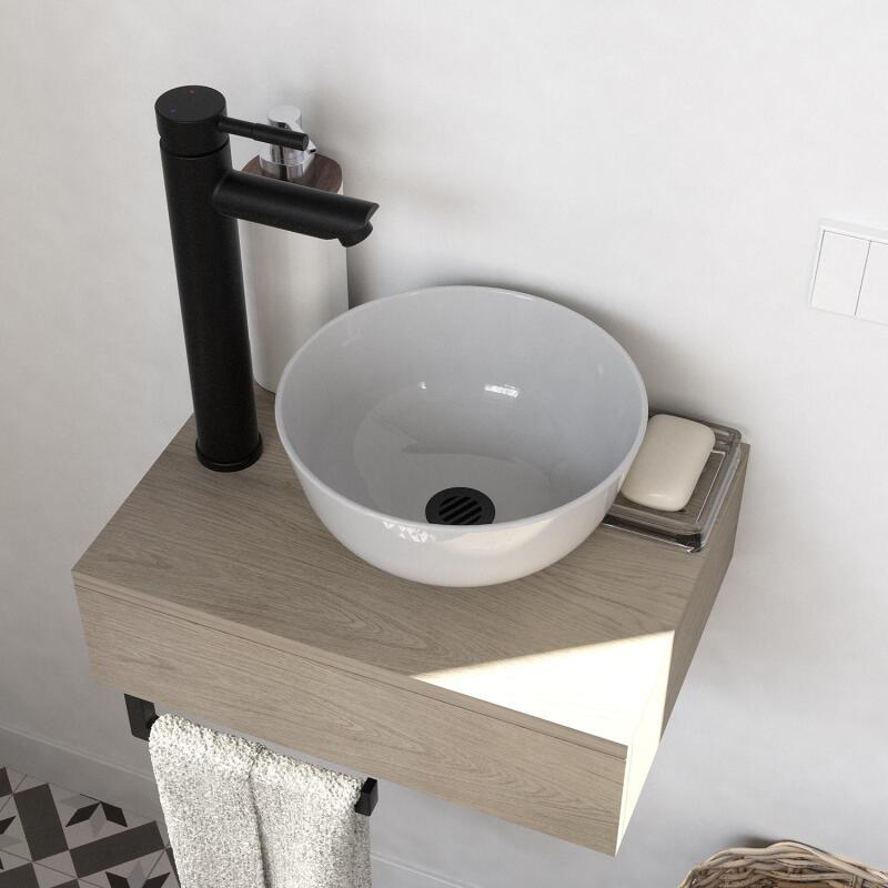Meuble lave-mains plan épais porte-serviettes dessous + vasque blanche + robinet + miroir